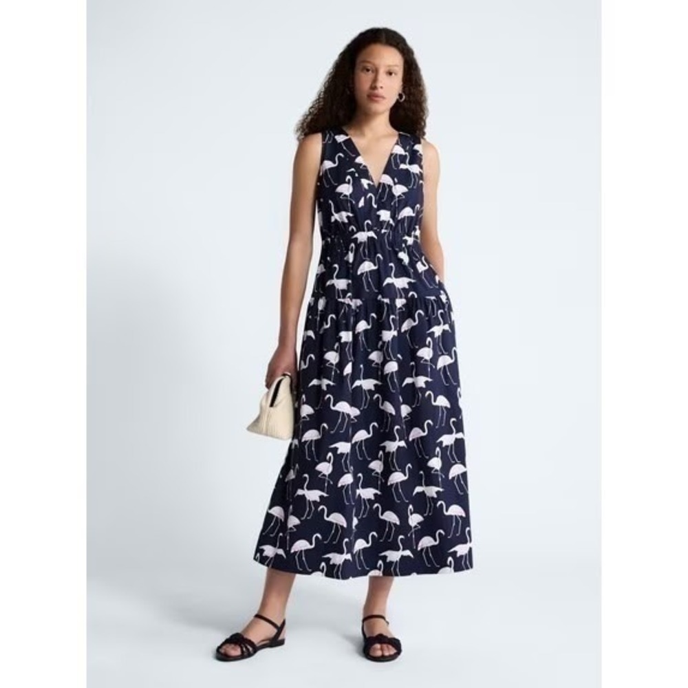 Free Assembly Navy Flamingo Print Tiered Maxi Dress Sleeveless XXL NWT